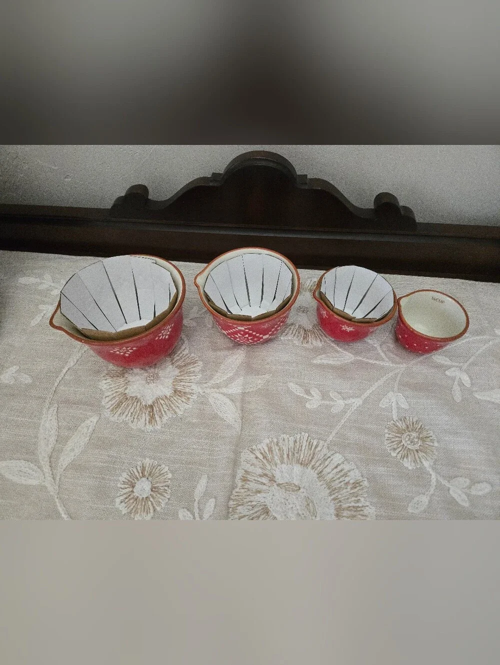 NWOT Red Ceramic Measuring Cup Stacking Set With White Design
